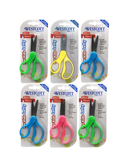 5" Lefty Hard Handle Kids Scissors, Pointed, Assorted Colors, Pack of 6