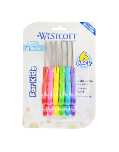 For Kids Scissors, Rounded Tip, 5 in Long, 1.75 in Cut Length, Straight Assorted Color Handles, 6/Pack