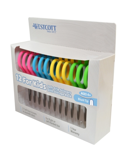 Soft Handle 5" Kids Scissors Classpack with Storage Rack, Blunt, Pack of 12