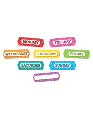 Magnetic Die-Cut Timesavers & Labels, Days of the Week, White Polka Dots On Assorted Colors, 8 Pieces