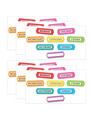 Magnetic Die-Cut Timesavers & Labels, Days of the Week, White Polka Dots On Assorted Colors, 8 Per Pack, 6 Packs