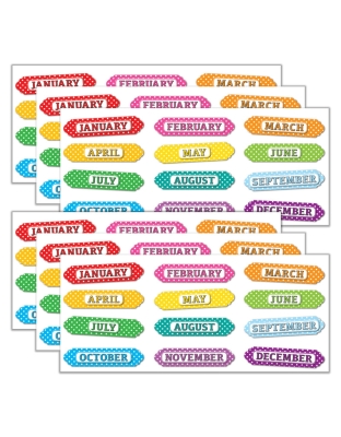 Magnetic Die-Cut Timesavers & Labels, Months of the Year, White Polka Dots On Assorted Colors, 12 Per Pack, 6 Packs