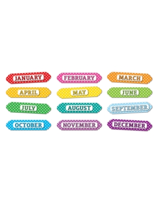 Magnetic Die-Cut Timesavers & Labels, Months of the Year, White Polka Dots On Assorted Colors, 12 Pieces