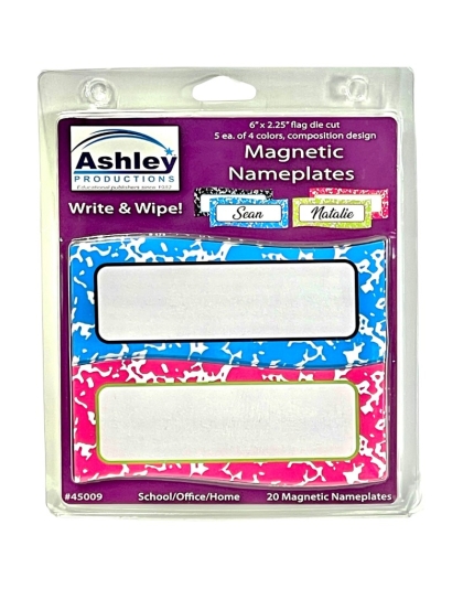 Magnetic Name Plates,  6" x 2.25", 20 pack contains 5 each of 4 colors, Flag Cut, Composition Pattern