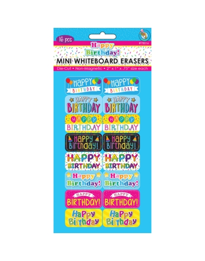 Non-Magnetic Mini Whiteboard Erasers, Happy Birthday, Pack of 16