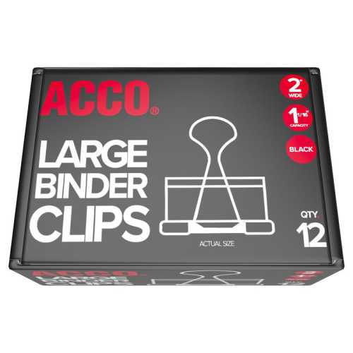 Binder Clips, Large, 2 in, Black, Pack of 12