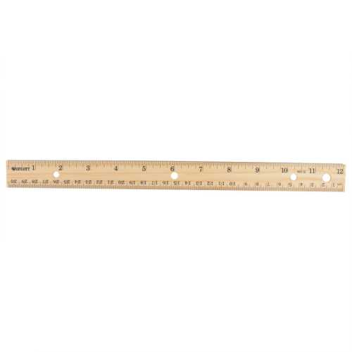 Three-Hole Punched Wood Ruler, Standard/Metric, 12 in (30 Cm) Long, Natural Wood, 36 Per Pack