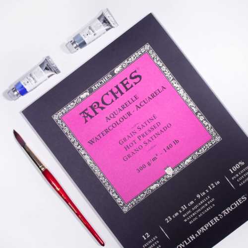 Aquarelle Watercolor Paper Pad, Hot Press, Natural White, 140 lb (300 gsm), Glue Binding, 12 Sheet, 9x12 in, 1 Count