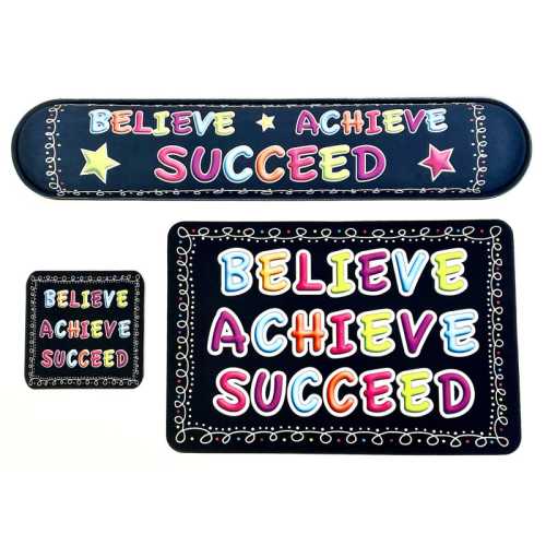 The Original Fun Mat&reg; Computer Desk Mats, Set of 3, (1) Mouse Pad, (1) Keyboard Wrist Pad, (1) Coaster, Believe, Achieve, Succeed, Chalk Loops