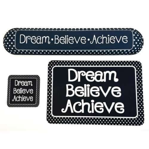 The Original Fun Mat&reg; Computer Desk Mats, Set of 3, (1) Mouse Pad, (1) Keyboard Wrist Pad, (1) Coaster, Dream, Believe, Achieve, Black with White Dots