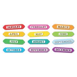 Magnetic Die-Cut Timesavers & Labels, Months of the Year, White Polka Dots On Assorted Colors, 12 Pieces