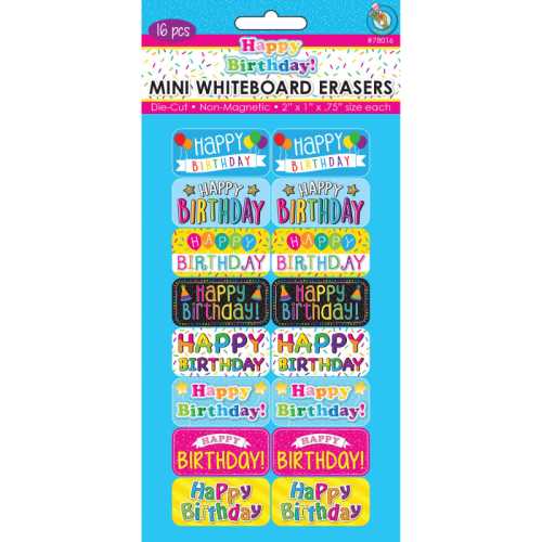 Non-Magnetic Mini Whiteboard Erasers, Happy Birthday, Pack of 16