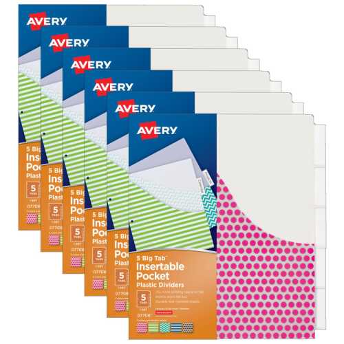 Big Tab&trade; Insertable Plastic Dividers with Pockets, 5-Tab Set, Assorted Designs, 6 Sets