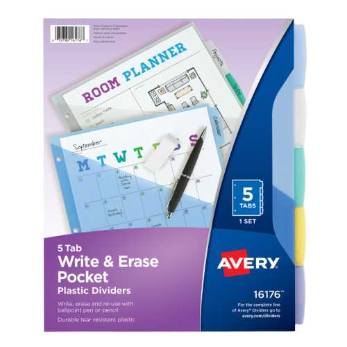 Write & Erase Durable Plastic Dividers with Pockets, 5-Tab Set, Multicolor