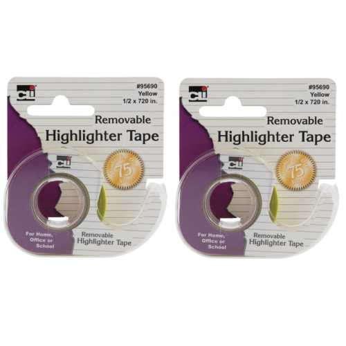 Removable Highlighter Tape, Yellow, 0.5x720 in, 2 Pack