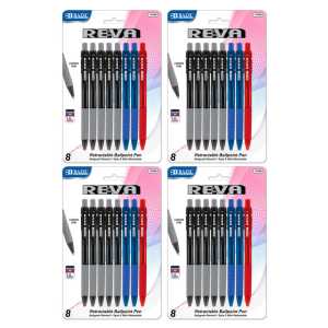 Reva Retractable Pens, 1.0 mm Medium Tip, Assorted Ink Colors, 4 Packs of 8