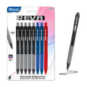 Reva Retractable Pens, 1.0 mm Medium Tip, Assorted Ink Colors, 8-Count