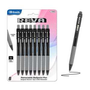 Reva Retractable Pens, 1.0 mm Medium Tip, Black Ink, 8-Count