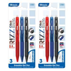 Frizz Erasable Gel Retractable Pens with Grip, Assorted Ink Colors, 2 Packs of 3