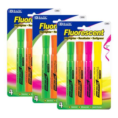 Desk Style Fluorescent Highlighters, 4 Per Pack, 3 Packs