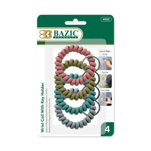 Wrist Coils with Key Holders, Assorted Colors, 4-Count