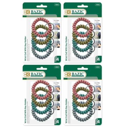 Wrist Coils with Key Holders, Assorted Colors, 4 Packs of 4