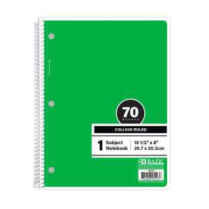1-Subject Spiral Notebook, College Ruled, 70 Count, Green