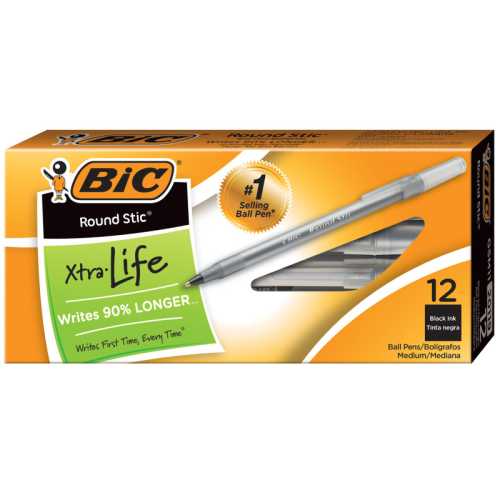 Round Stic&reg; Pen, Medium Point, Black, Pack of 12