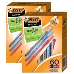 Round Stic&reg; Xtra Life Ballpoint Pen, Medium Point (1.0mm), Assorted, 60 Per Box, 2 Boxes