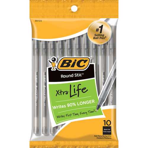 Round Stic&reg; Xtra Life Ballpoint Pen, Medium Point (1.0mm), Black, Pack of 10