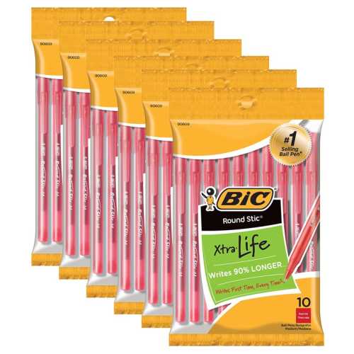 Round Stic&reg; Xtra Life Ballpoint Pen, Medium Point (1.0mm), Red, 10 Per Pack, 6 Packs