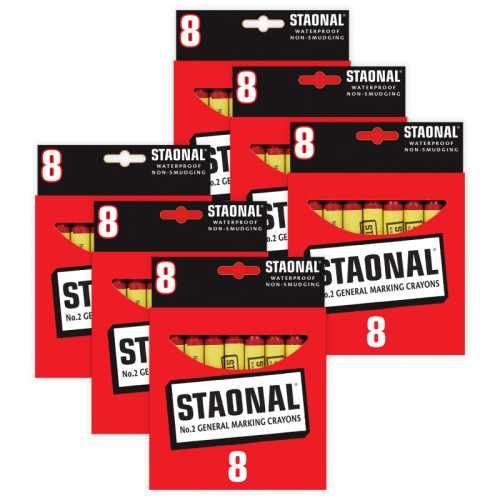 Staonal&reg; Marking Crayons, Red, 8 Per Pack, 6 Packs