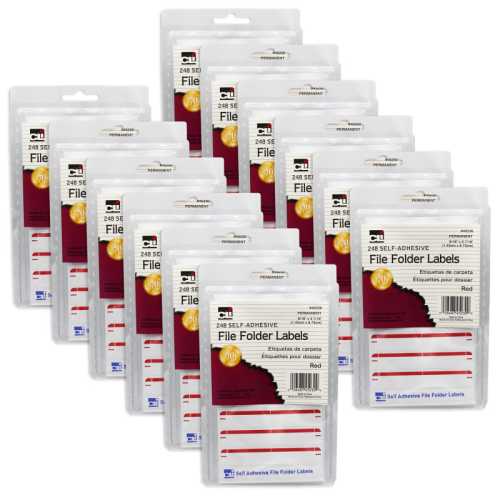 File Folder Labels, Red, 248 Per Pack, 12 Packs