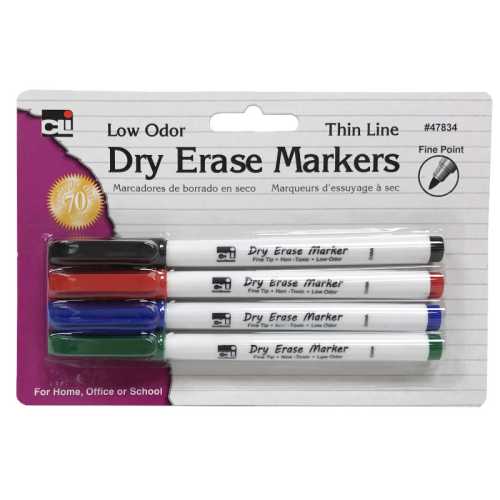 Dry Erase Markers, Thin Line Style, Assorted Colors, Pack of 4