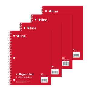 College-Ruled 1-Subject Notebooks, 70 Sheets, Red, 4-Pack