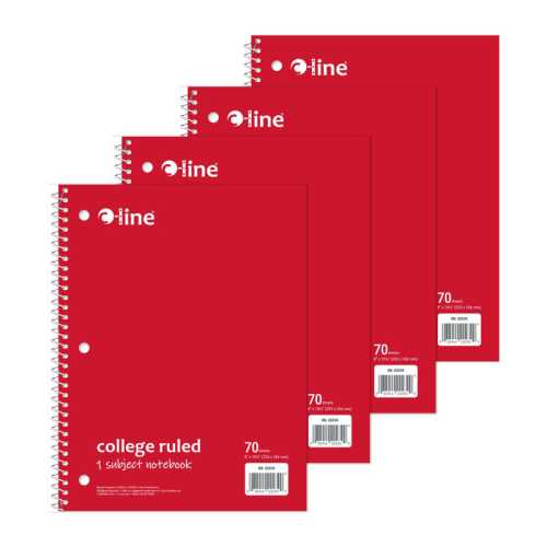 College-Ruled 1-Subject Notebooks, 70 Sheets, Red, 4-Pack