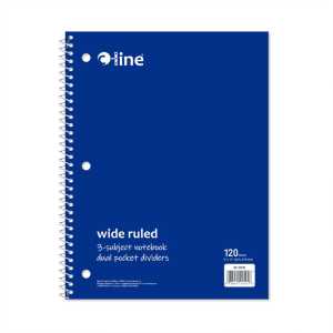 Wide-Ruled 3-Subject Notebook, 120 Sheets, Blue