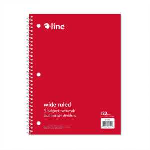 Wide-Ruled 3-Subject Notebook, 120 Sheets, Red