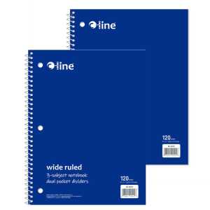 Wide-Ruled 3-Subject Notebooks, 120 Sheets, Blue, 2-Pack