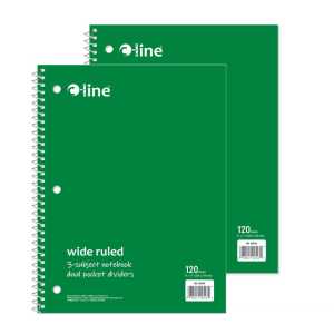 Wide-Ruled 3-Subject Notebooks, 120 Sheets, Green, 2-Pack