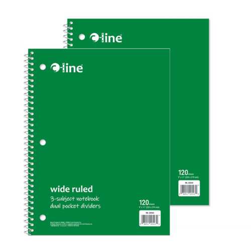 Wide-Ruled 3-Subject Notebooks, 120 Sheets, Green, 2-Pack