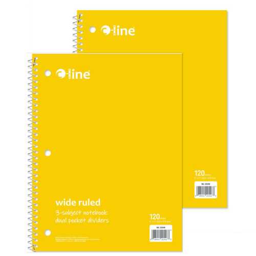Wide-Ruled 3-Subject Notebooks, 120 Sheets, Yellow, 2-Pack