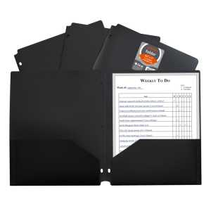 Two-Pocket Heavyweight Poly Portfolio Folder with Three-Hole Punch, Black, Each