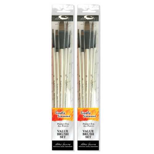 Simply Simmons Brush Set, Synthetic Bristles, Long Handle Acrylic & Oil Paintbrush, White, 5 Pieces Per Set, 2 Sets