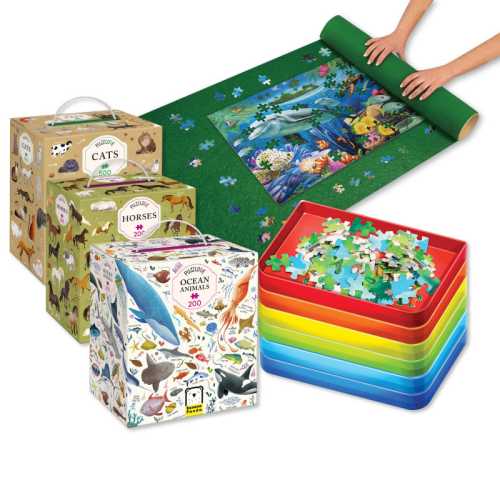 Senior Living Puzzle Kit &ndash; Social Group Activity Set with Sorting Trays & Roll-Up Storage Mat