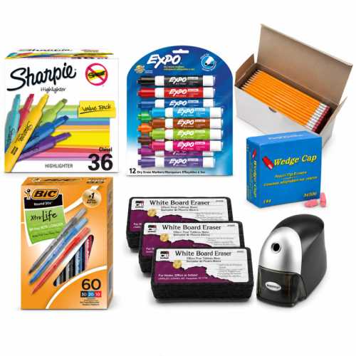 Teacher Back to School Essentials Kit with 144 Pencils, 60 Pens, Dry Erase Markers, Highlighters, Erasers & Electric Sharpener