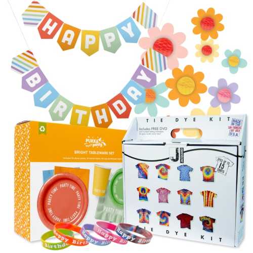 Tie-Dye Party Kit, Birthday Decorations, Tableware, Wristbands & Tie-Dye Activity Supplies