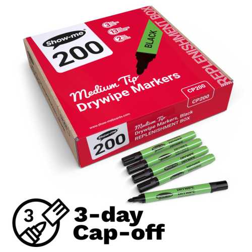 Medium Tip Slim Barrel Dry Erase Markers, Black, Box of 200
