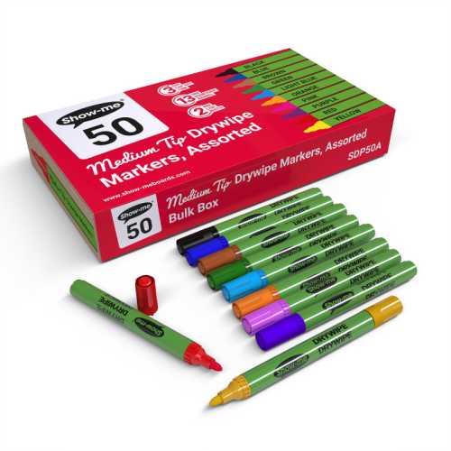 Dry Erase Whiteboard Markers, Medium Tip, Slim Barrel, Assorted Colors, Box of 50