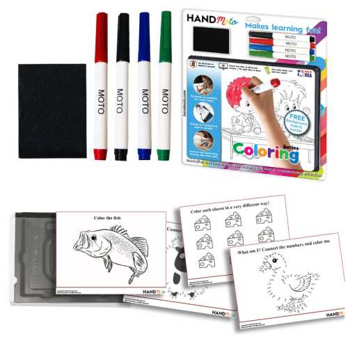 Dry-Erase Learning Board, 4 Markers, 10 Activity Sheets - Coloring Series